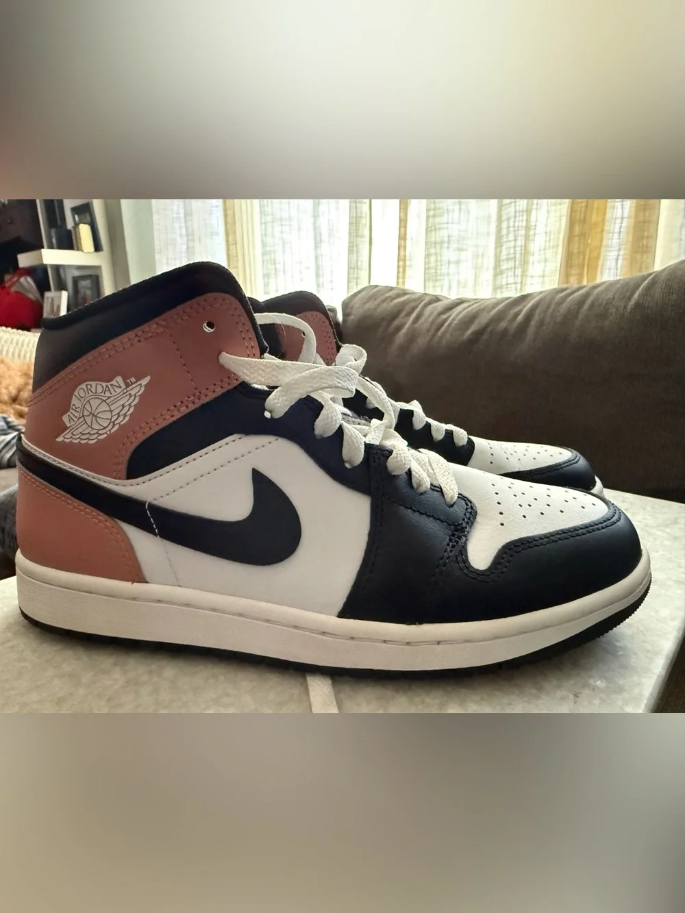 Jordan 1 Men's Mid Sneakers in White, Black & Pink